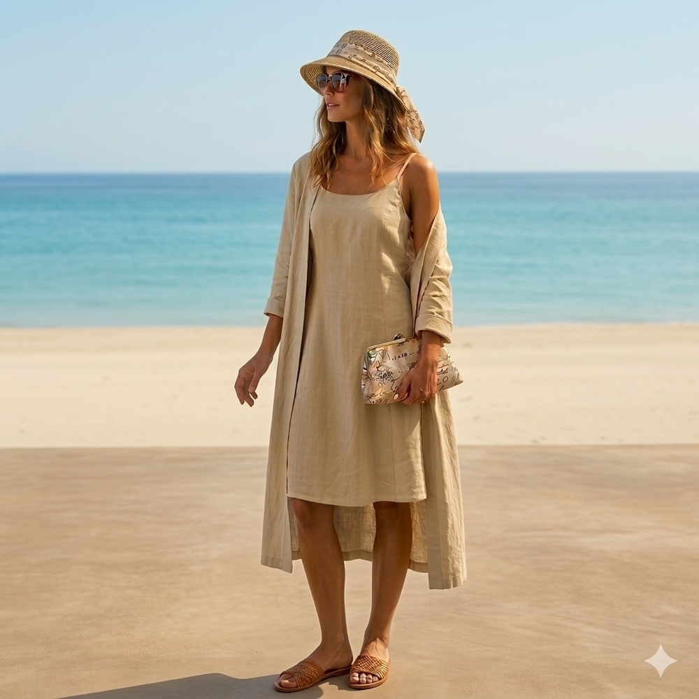 Mexx Vintage Inspired Beige Linen Summer Midi Dress Open Back, US Womens Medium
